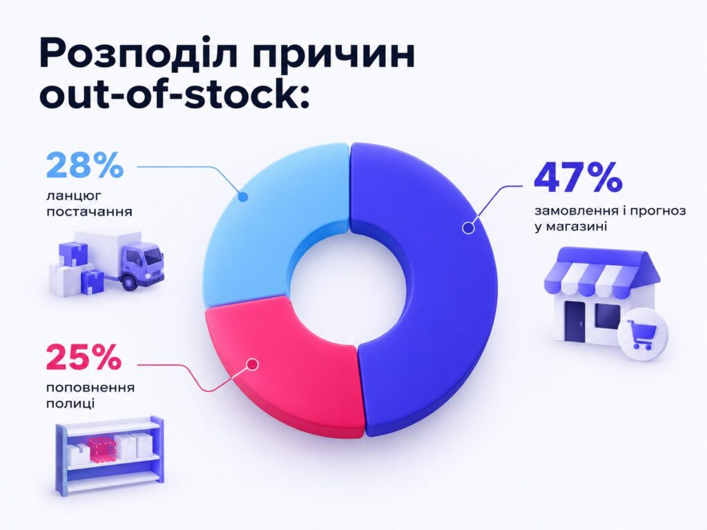 Причини out-of-stock, що спричиняють втрачені продажі: 47% — замовлення і прогноз у магазині, 25% — поповнення полиці, 28% — ланцюг постачання